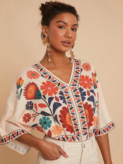 Travachic 女士 V 领 3/4 长印花紧身衣