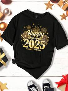 SHEIN EZwear 休闲新年快乐 2025 金色印花图案黑色宽松圆领短袖女式 T 恤，新年服装 - 黑色 - 查看 6