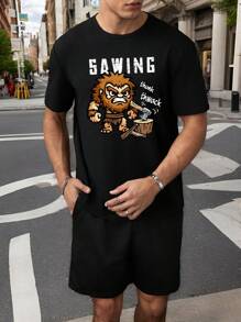 Manfinity Homme Áo thun tay ngắn in họa tiết Caveman vui nhộn thời trang giản dị màu đen vừa vặn với vai dành cho nam - màu đen - Xem 3