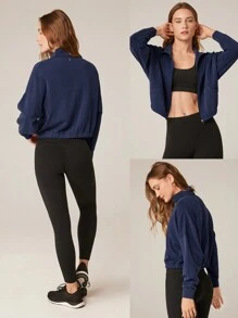 GLOWMODE Modal Soft Lapel High Collar Elastic Hem Long Sleeve Jacket With Side Pockets Daily Casual - Navy Blue - View 7