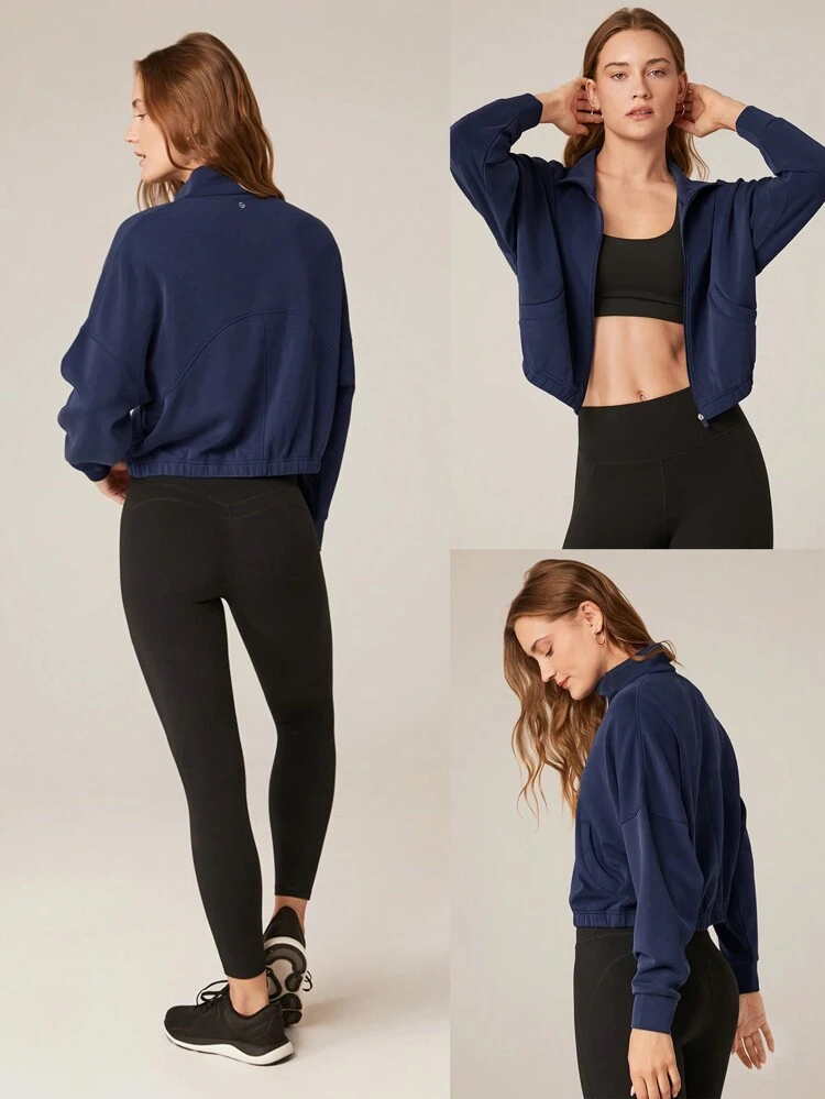 Modal Soft Lapel High Collar Elastic Hem Long Sleeve Jacket With Side Pockets Daily Casual