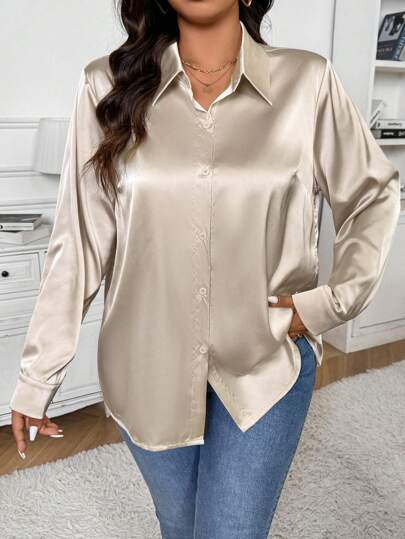 SHEIN Frenchy French Style Casual Minimalist Satin Apricot Basic Open Front Plus Size Shirt, Suitable For Office, Commute, And Everyday Wear