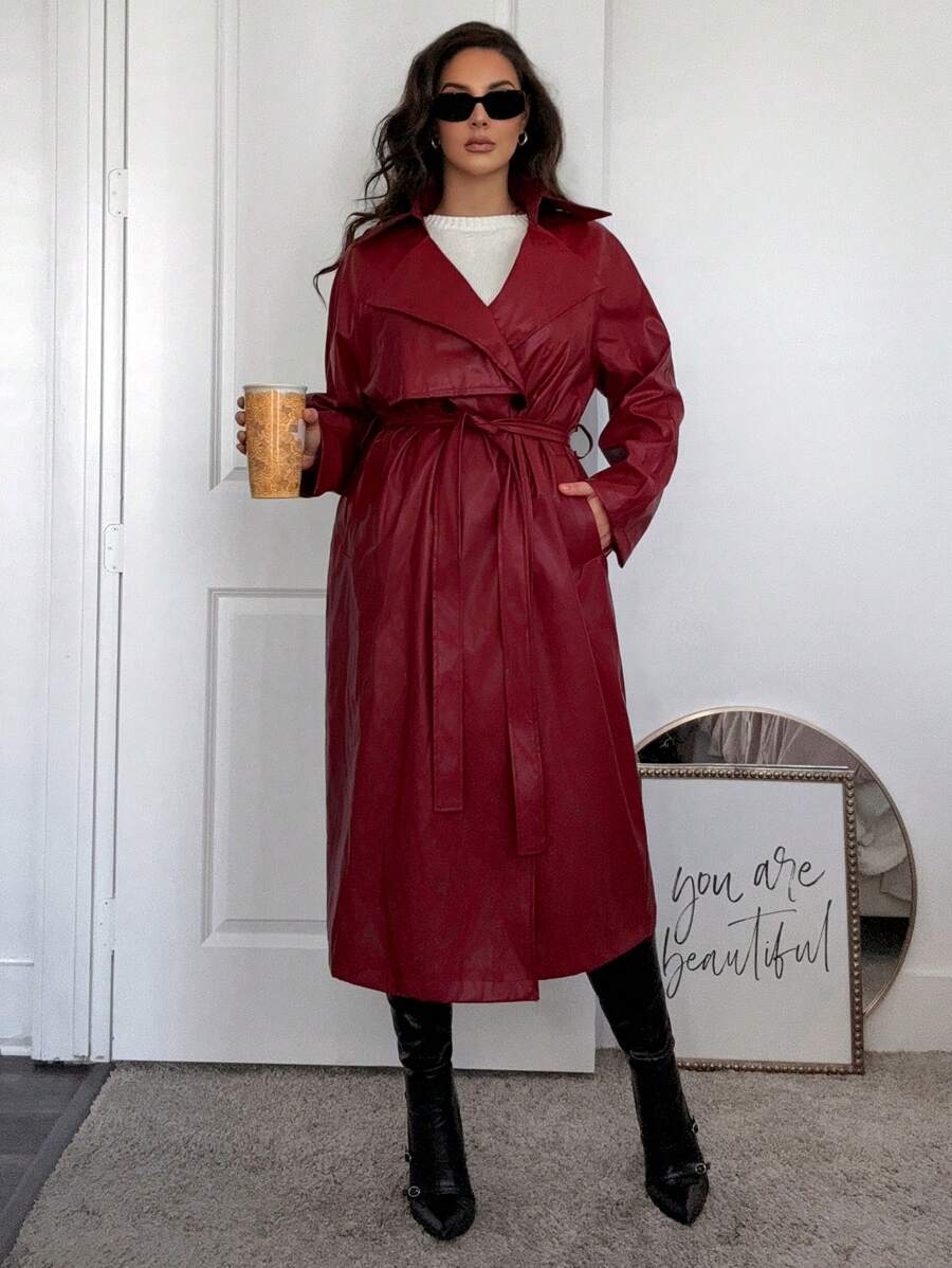 SHEIN Privé Plus Size Women Black PU Windbreaker Jacket, Simple And Fashionable For Autumn/Winter