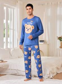 CoupledUp Men's Bear Print Round Neck Long Sleeve Casual Top And Pants Pajama Set