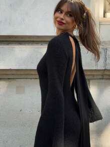 INAWLY Plus Size Solid Color Backless Round Neck Casual Long Sleeve Sweater Dress Fall Cloth For Women - Black - View 3