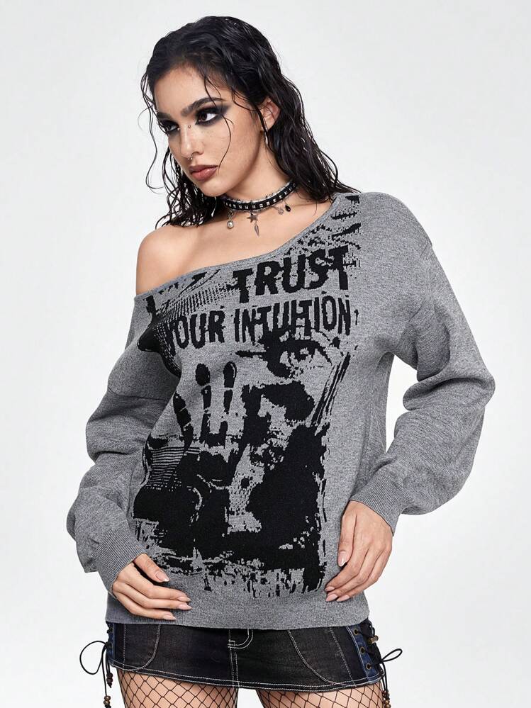 ROMWE Grunge Punk 레트로 뮤직 페스티벌 파티 스켈레톤 타이 다이 루즈 숄더 여성 스웨터