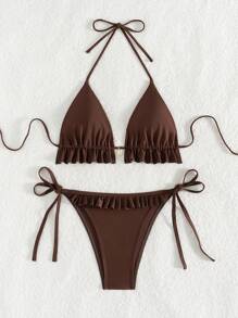 Swim Lushoire 2pcs/Set Women Beach Vacation Solid Color Ruffled Hem Halter Tie Sexy Bikini Summer - Brown - View 5