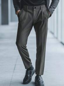 Manfinity Mode Men's Simple Front Button Pocket Casual Dress Pants, For Daily Wear - Dark Grey - View 1