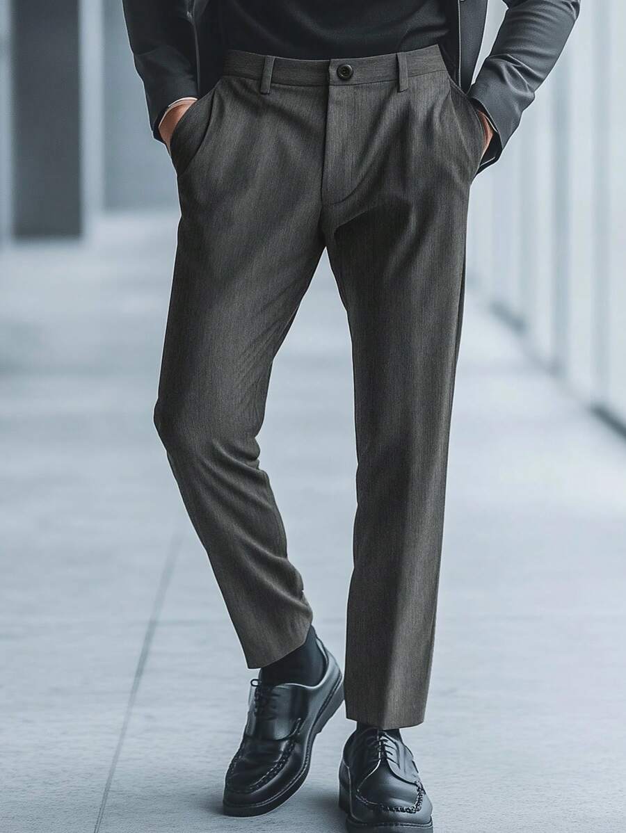 Manfinity Mode Men's Simple Front Button Pocket Casual Dress Pants, For Daily Wear - Dark Grey - View 1