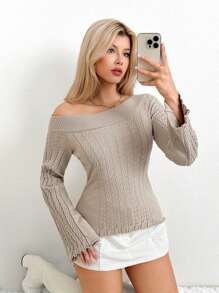 EgrlEra Women's Asymmetrical Shoulder Fitted Bell Long Sleeve Sweater, Apricot Color Y2K Knit Pullover Fall Winter - Apricot - View 4