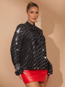 Lumalex Blusa suelta de manga larga con cuello de bufanda elegante y noble con lentejuelas para mujer, ideal para fiestas, cenas, celebraciones de Primavera, Día de San Valentín, Invierno y otras ocasiones - Negro - Ver 1