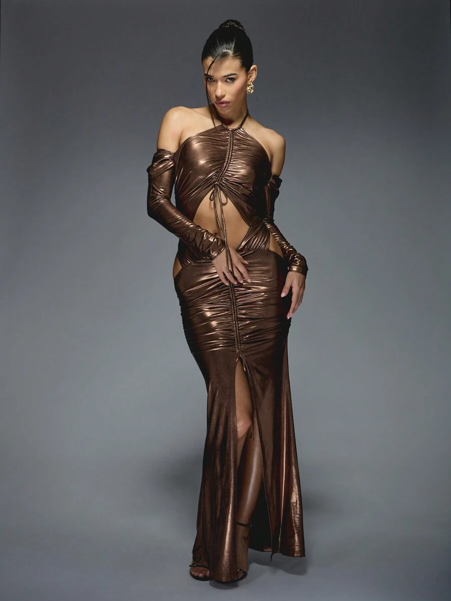 missguided metallic dress MISSGUIDED Metallic Look Long Sleeves Backless Bodycon Maxi DressMISSGUIDED