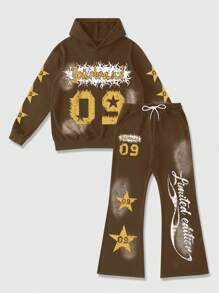 ROMWE MEN Prep 2pcs Men Letter & Star Print Drawstring Hoodie & Sweatpants Tracksuit - Coffee Brown - View 1