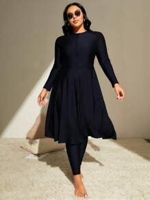 Swim Mulvari 2 件/套大码女式纯色长袖圆领收腰修身长上衣 + 裤子，沙滩装/泳衣，适合休闲/度假夏季