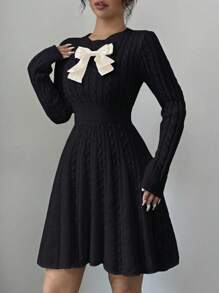 Elenzga 女士蝴蝶结装饰圆领长袖毛衣裙，秋冬