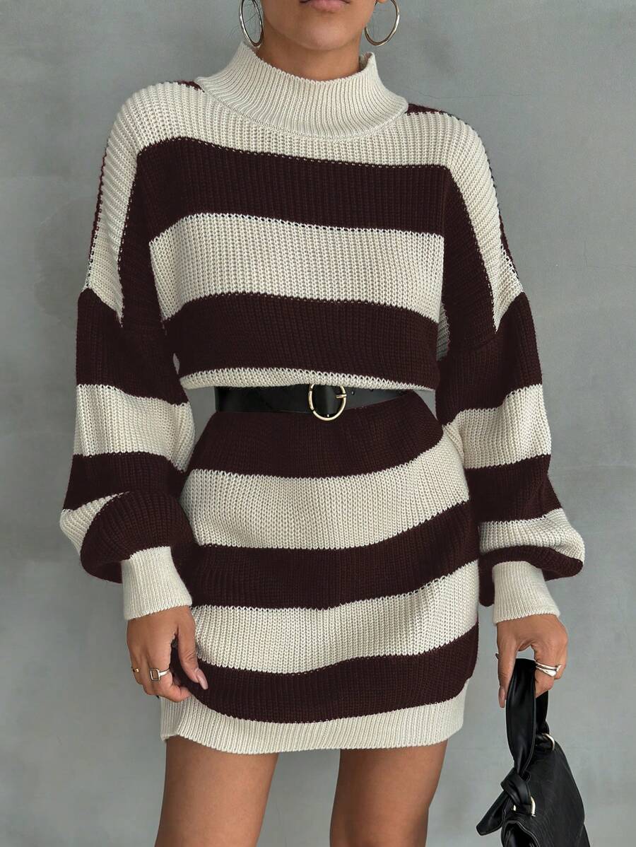 EURMUSE Women Drop Shoulder Sweater Dress With Striped Pattern - Brown - View 1