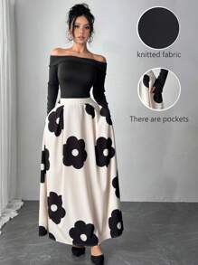 SHEIN Unity 纯黑色露肩和卡其色花卉印花 A 字裙女士优雅秋冬套装连衣裙 - 黑色 - 查看 4