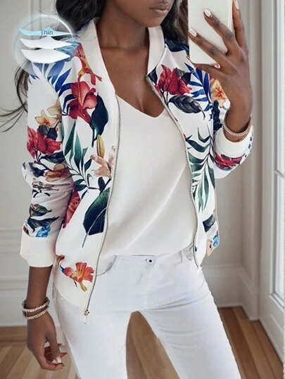 EMERY ROSE Tropical Print Zip Up Baseball Jacket For Spring And Autumn Fall Winter Cloth For Women