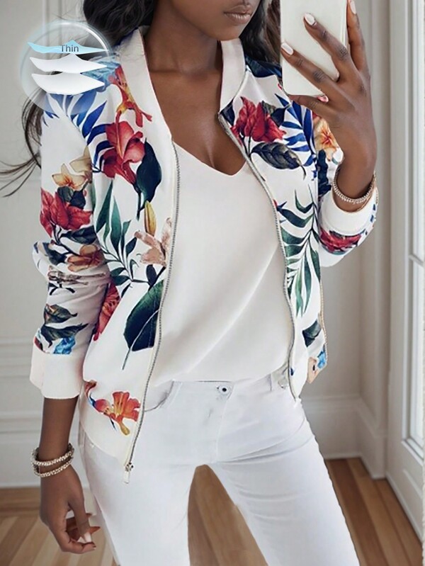 SHEIN LUNE Jaqueta de Beisebol com Estampa Tropical com Zíper para Primavera e Outono