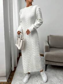 EURMUSE Neues midlanges gestricktes Pulloverkleid für Frauen, oversized, geeignet zum Schichten, dickes Material, für Herbst und Winter - Weiss - Übersicht 5