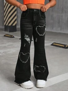 SHEIN Tween Girls Y2K Heart Pattern Distressed Flared Denim Flare Leg Jeans,Girls Fall Clothes Back To School Outfits - Black - View 5