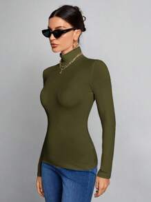 SHEIN Tall Atasan Putih Polos Sederhana dengan Kerah Tinggi, Cocok untuk Musim Gugur dan Musim Dingin, untuk Wanita Tinggi - Hijau Tentara - View 5