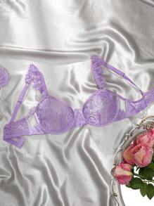 Damen sexy Cut Out florales Spitzen-Rüschen-Saum süß und niedlich lila Dessous-BH