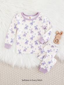 Cozy Pixies Bộ đồ ngủ 2 món vừa vặn cho bé gái - Áo thun cổ tròn tay dài họa tiết thỏ hoạt hình Colorblock và quần dài - Màu tím hoa cà - Xem 1