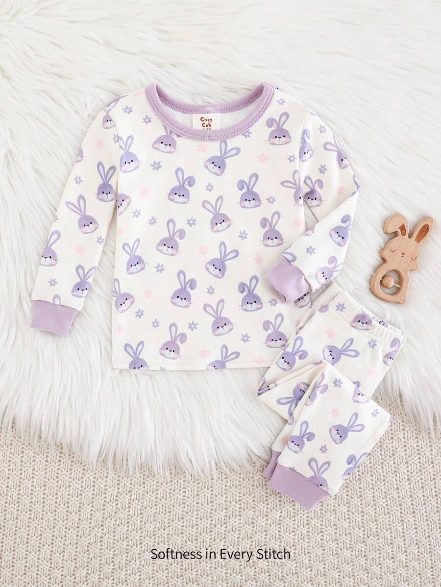 Cozy Pixies Bộ đồ ngủ 2 món vừa vặn cho bé gái - Áo thun cổ tròn tay dài họa tiết thỏ hoạt hình Colorblock và quần dài - Màu tím hoa cà - Xem 1