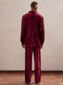 AKNOTIC Business Casual Men Shawl Collar Velvet Blazer & Pants - Burgundy - View 6