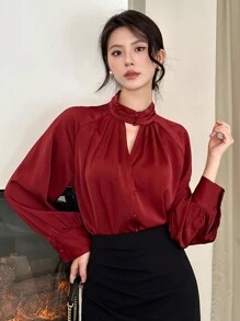 DAZY 女式套头衫优雅纯色衬衫，简约休闲日常穿着，秋季服装 - 酒紅色 - 查看 7