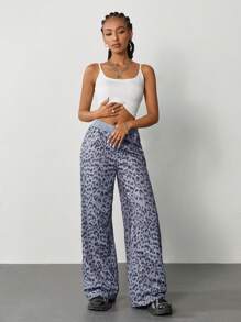 SHEIN EZwear Women's Vintage Leopard Y2K Casual Pu Trousers For Back To School