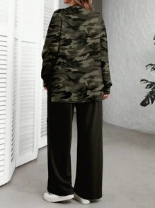 EMERY ROSE Bộ áo hoodie in họa tiết rằn ri tối giản giản dị, cỡ lớn, mùa thu/đông - trắng - Xem 6