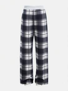 Tween Girls' Black Waistband Contrast Plaid Pattern Loose Pants - Black - View 2