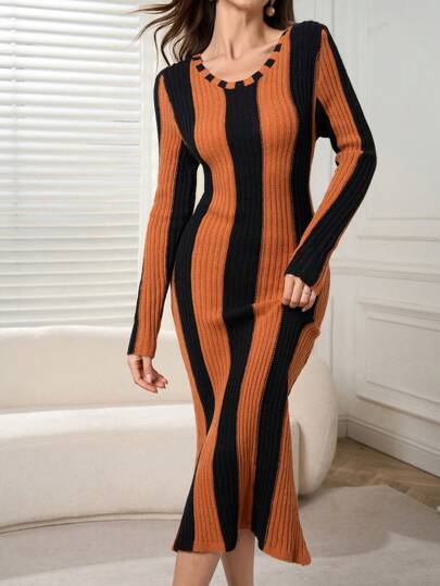 Modelyn Women Striped Crew Neck Long Sleeve Fitted Elegant Sweater Dress, Autumn/Winter