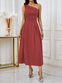 SHEIN Belle Women's Elegant Solid Color One Shoulder Cocktail Party Dress For New Year, Wedding Guest Dress - Red - View 3