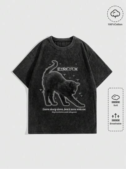 Goth تي شيرت طاقم بطبعات أزهار عشوائية وقطط داكنة بشكل نجوم الثلج للنساء