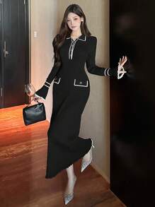 DAZY Women's Fitted Tight Colorblock Sweater Dress - Black - View 1