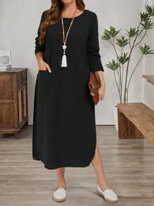 大码女式海军蓝圆领口袋宽松休闲通勤工作长裙，秋冬长款女装 - 黑色 - 查看 6