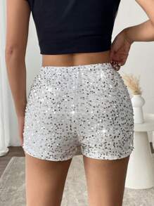 SHEIN EZwear 夏季时尚亮片装饰短裤 - 銀色 - 查看 2