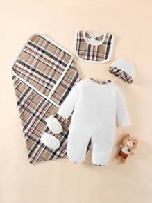 SHEIN Newborn Simple Style White Base Long Sleeve Jumpsuit With Bib Blanket Hat Gloves Multiple Sets Home Outfit