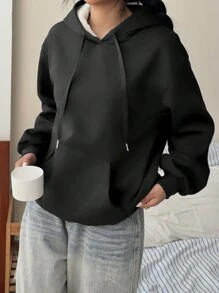 SHEIN EZwear Áo nỉ trùm đầu dày cổ cao màu đen rộng rãi thoải mái có dây rút cho nữ, thích hợp cho mùa thu/đông - màu đen - Xem 3