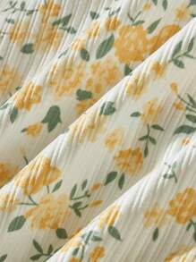 SHEIN Baby Girls' Autumn Fresh Floral Print Top With Contrast Details And Bib Overalls - Multicolor - View 6