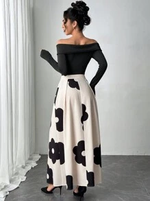 SHEIN Unity 纯黑色露肩和卡其色花卉印花 A 字裙女士优雅秋冬套装连衣裙 - 黑色 - 查看 2