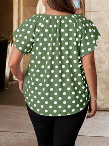 SHEIN Clasi Plus Size Casual Simple Polka Dot Print Raglan Sleeve Shirt, For Summer - Green - View 2