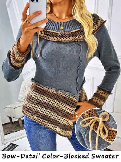 SHEIN LUNE Modieuze damestrui met kleurblokken, strepen en patchwork, splitzoom, lente & herfst, gebreide pullover voor herfst en winter