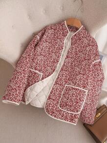 大码女式花卉印花落肩长袖口袋宽松冬季夹克 - 紅色 - 查看 2