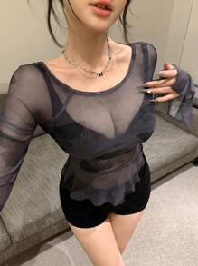 DAZY 女士蝴蝶网纱不对称荷叶边拼接上衣，半透明长袖女士上衣，秋季女士外出上衣 - 黑色 - 查看 9