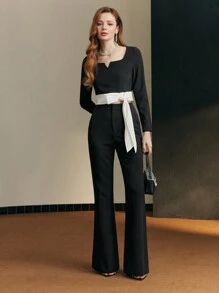MOTF PREMIUM KNOT HEM NOTCHED NECKLINE BLOUSE - Black and White - View 6