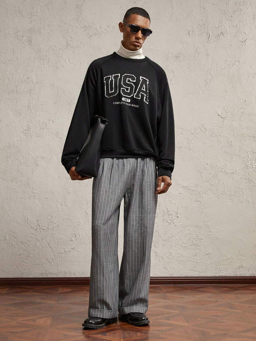 AKNOTIC Business Casual 男士字母印花拼色宽松落肩圆领休闲长袖套头衫，秋冬外出黑色刺绣字母饶舌歌手返校拼色运动衫，适合朋友、丈夫、男朋友的礼物